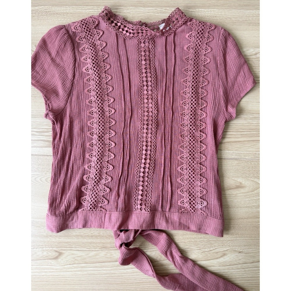 Salmon Pink Crochet Lace Boho Blouse Women's Large Waist Length Top